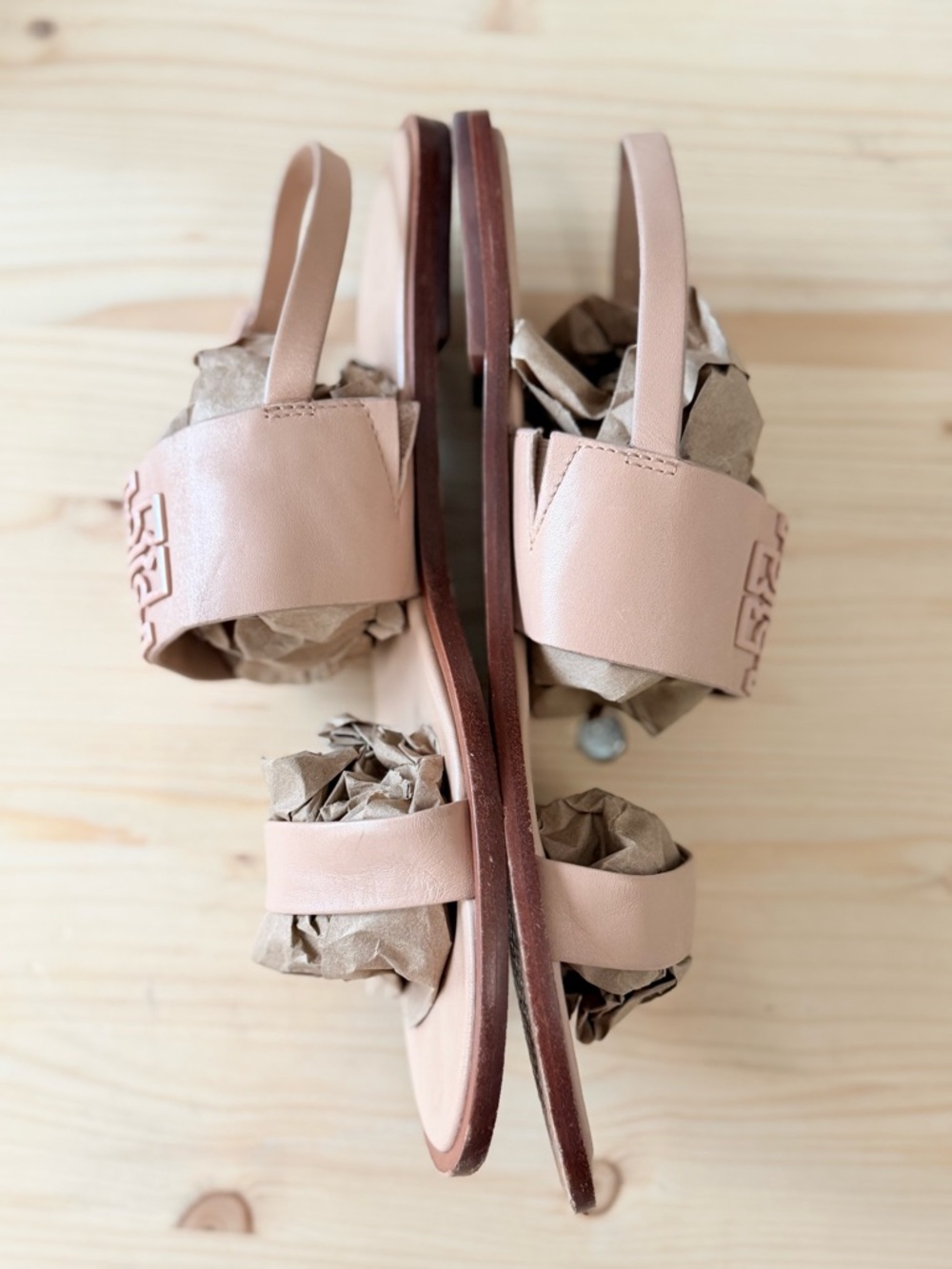 Tory Burch Nude Leather Logo Double-Strap Slingback Sandals - Picture 2 of 4